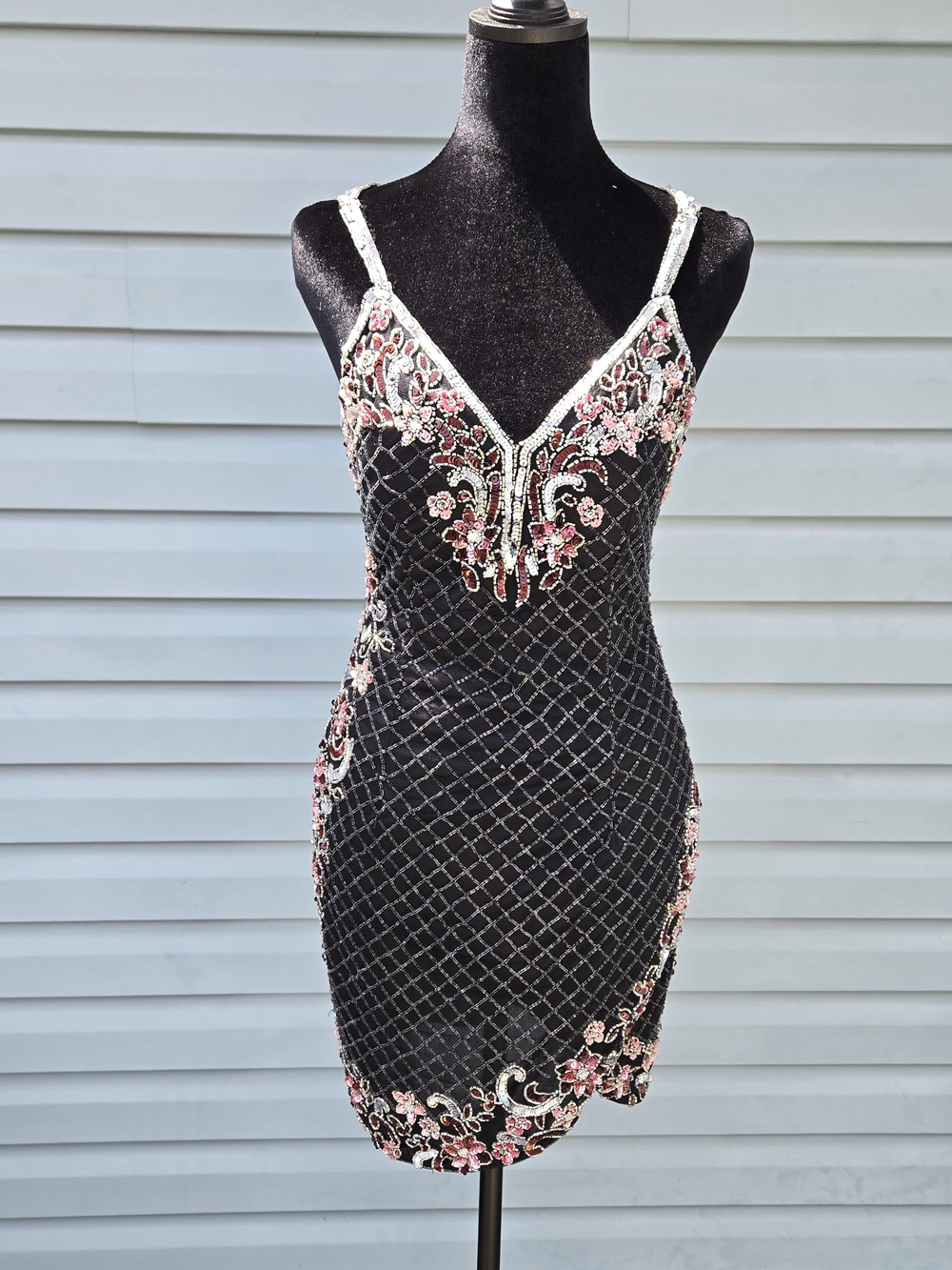 Primavera Couture Women's Size 2 Black Sequined Beaded Floral Lattice Mini Dress - Picture 6 of 10